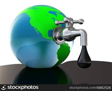 3d illustration of oil faucet in earth globe, over white background