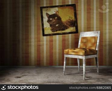 3d illustration of old abandoned room with chear and picture