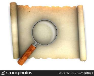 3d illustration of old paper scroll and magnify glass
