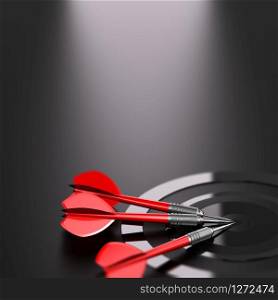 3D illustration of one target and three red darts over black background. Strategic business or marketing strategy concept. . Strategic Marketing Approach, Business Strategy Background