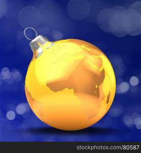 3d illustration of orange Christmass ball over bokeh blue background with earth map