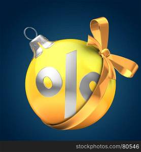 3d illustration of orange Christmass ball over dark blue background with percent sign and golden ribbon