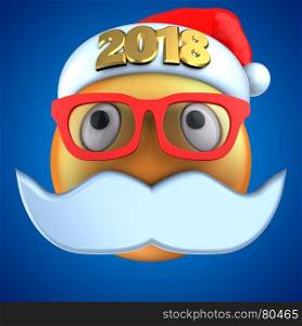 3d illustration of orange emoticon smile with 2018 Christmas hat over blue background. 3d orange emoticon smile with 2018 Christmas hat