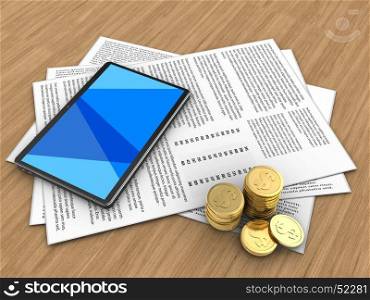 3d illustration of papers and tablet computer over wood background. 3d tablet computer