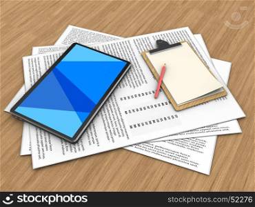 3d illustration of papers and tablet computer over wood background with note. 3d papers
