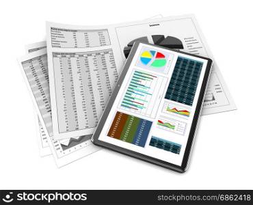 3d illustration of papers and tablet with business data