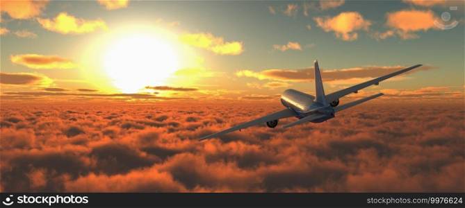 3d illustration of  passenger plane and sunset