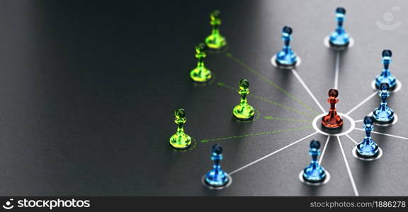 3D illustration of pawns linked together over black background. New links are represented by doted lines. Concept of new strategic alliances.. Building new strategic alliances. Expand business partnership network.