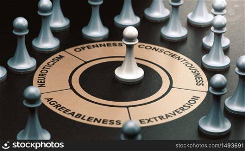 3d illustration of pawns over black background and a circle shape with 5 words around it representing the big five personality traits and the ocean model. Psychology concept.. Psychology Model. Big Five Personality Traits, Ocean Model.
