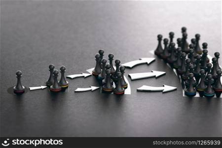 3D illustration of pawns over black background showing the principle of information and influence propagation in social networks. Influencer Marketing, Concept of Information and Influence Propagation in Social Networks