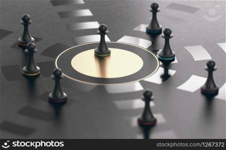3D illustration of pawns over black background with the green one achieving success. Successful job applicant concept . Achieving Success, Successful Job Candidate or Applicant
