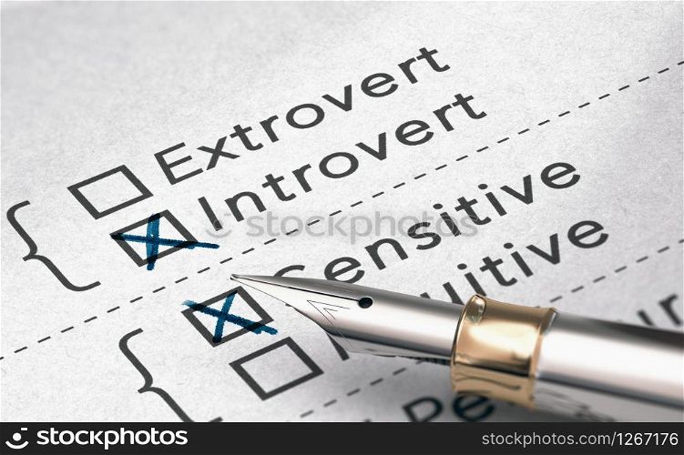 3D illustration of personality test with two words extrovert and introvert and a fountain pen.. Personality Test, Extrovert or Introvert Person