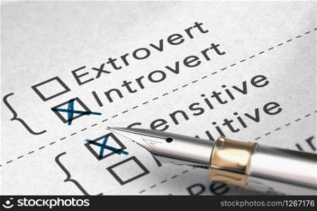3D illustration of personality test with two words extrovert and introvert and a fountain pen.. Personality Test, Extrovert or Introvert Person