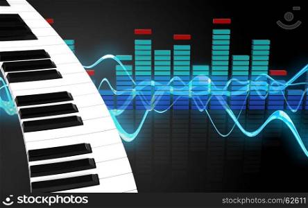 3d illustration of piano keyboard over sound wave black background. 3d blank spectrum