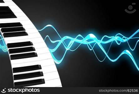 3d illustration of piano keyboard over sound wave black background. 3d piano keyboard blank