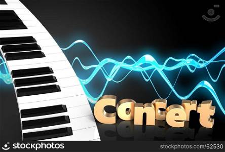 3d illustration of piano keyboard over sound wave black background with concert sign. 3d blank blank