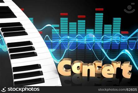 3d illustration of piano keyboard over sound wave black background with concert sign. 3d spectrum concert sign