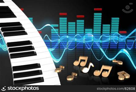 3d illustration of piano keyboard over sound wave black background with notes. 3d notes piano keyboard