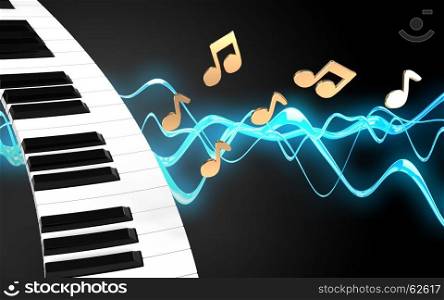 3d illustration of piano keyboard over sound wave black background with notes. 3d piano keyboard notes