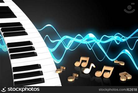 3d illustration of piano keyboard over sound wave black background with notes. 3d piano keyboard notes
