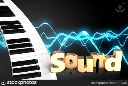 3d illustration of piano keyboard over sound wave black background with 'sound' sign. 3d 'sound' sign 'sound' sign