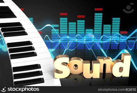 3d illustration of piano keyboard over sound wave black background with 'sound' sign. 3d spectrum piano keyboard