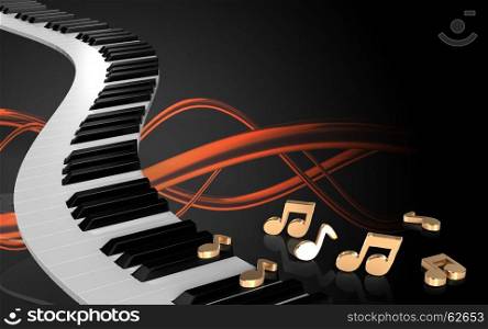 3d illustration of piano keys over sound wave orange background with notes. 3d notes notes