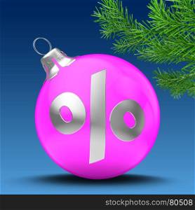 3d illustration of pink Christmass ball over blue background with percent sign and christmas tree branch