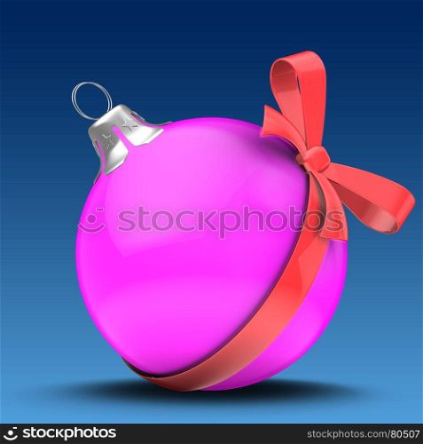 3d illustration of pink Christmass ball over blue background with red bow