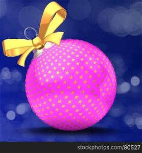 3d illustration of pink Christmass ball over bokeh blue background with stars ornament and yellow ribbon