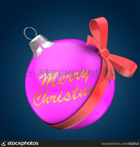 3d illustration of pink Christmass ball over dark blue background with Merry Christmas text and red bow