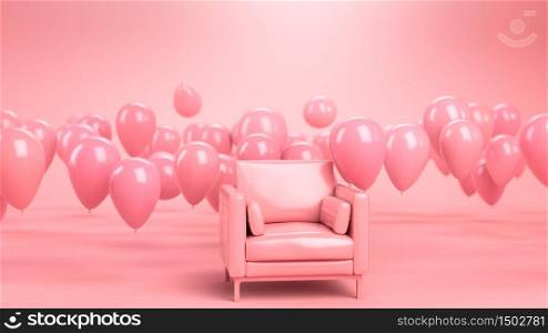 3d illustration of pink sofa or armchair in pink studio with flying air balloons. Concept of happiness, holidays and celebrations at home.. 3d render of pink sofa or armchair in pink studio with flying air balloons. Concept of happiness, holidays and celebrations at home.