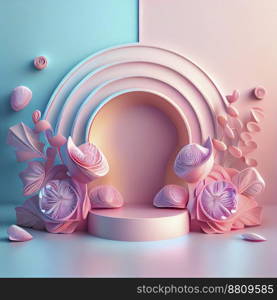 3d illustration of podium for display product with flowers