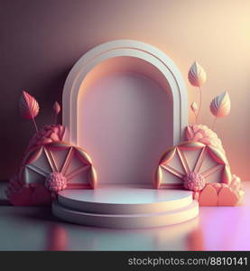 3d illustration of podium with abstract flower wreath ornament for shop product promotion