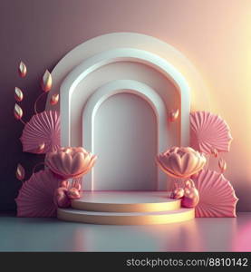 3d illustration of podium with abstract flower wreath ornament for shop product promotion