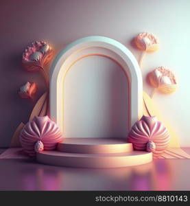 3d illustration of podium with abstract flower wreath ornament for shop product promotion