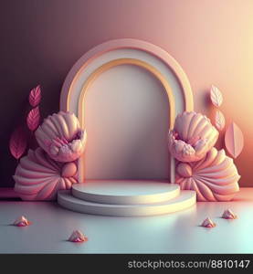 3d illustration of podium with abstract flower wreath ornament for shop product promotion