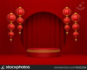 3d illustration of podium with Chinese lantern, Happy Chinese New Year