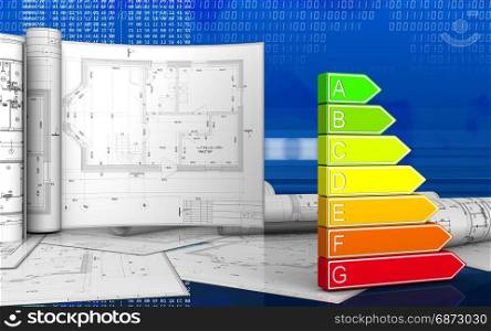 3d illustration of power rating with drawings over digital background. 3d blank
