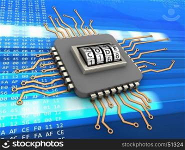 3d illustration of processor over code background with code lock dial