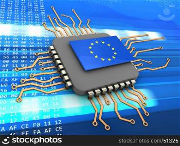 3d illustration of processor over code background with EU flag