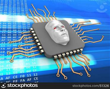 3d illustration of processor over code background with evil face