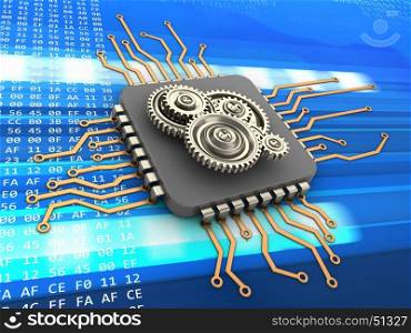 3d illustration of processor over code background with gears