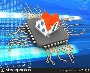 3d illustration of processor over code background with house