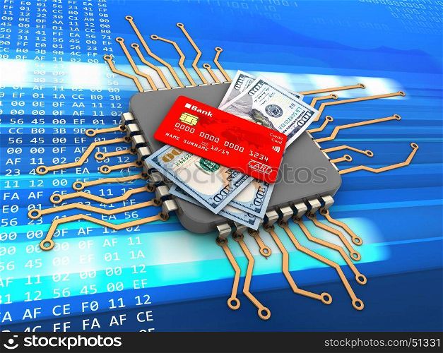 3d illustration of processor over code background with money