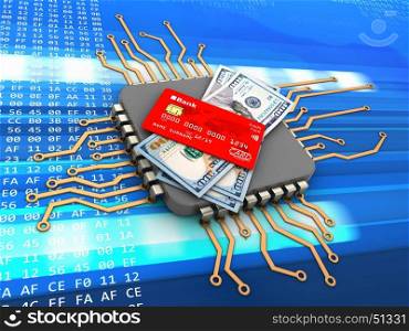 3d illustration of processor over code background with money