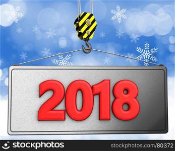 3d illustration of red 2018 sign with crane hook over snow background. 3d crane hook with red 2018 sign