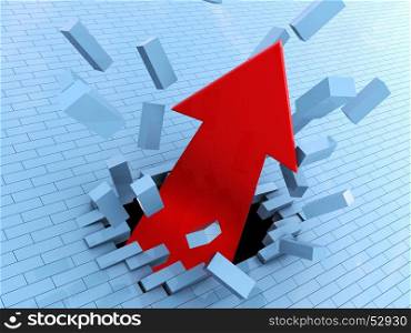 3d illustration of red arrow breaking wall, success concept