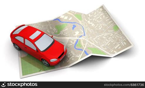 3d illustration of red car and map, navigation concept