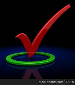 3d illustration of red checkmark in green circle, over dark background